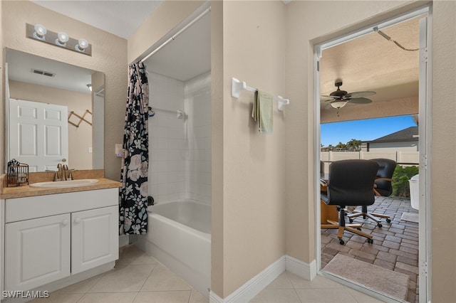 bathroom featuring shower / bath combo, vanity, tile patterned floors, and ceiling fan