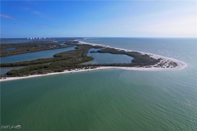 drone / aerial view featuring a water view and a view of the beach