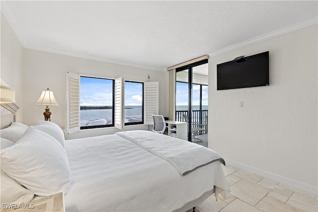 tiled bedroom with crown molding, access to outside, and multiple windows