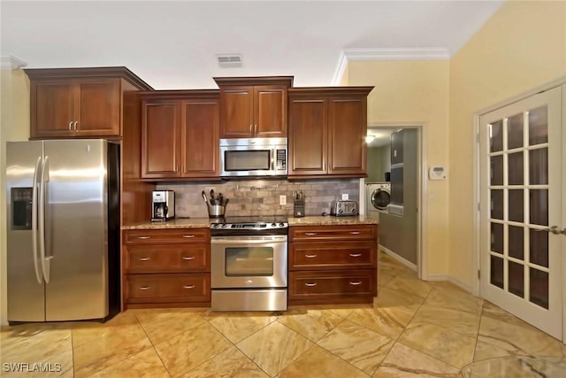 kitchen with stainless steel appliances, light stone counters, backsplash, crown molding, and light tile patterned flooring