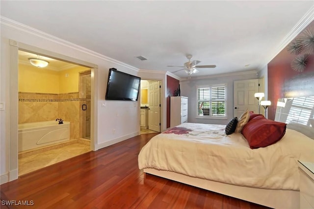 bedroom with ensuite bathroom, ceiling fan, dark wood-type flooring, and ornamental molding