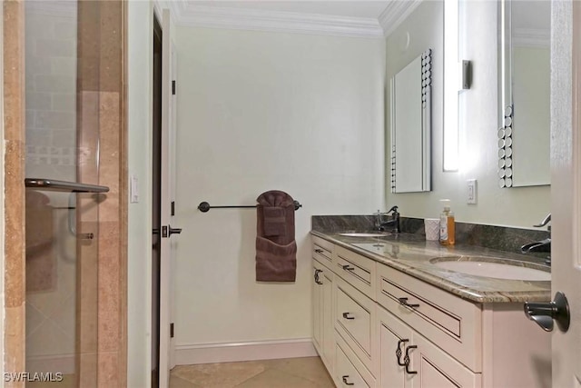 bathroom with crown molding, tile patterned flooring, vanity, and a shower with door