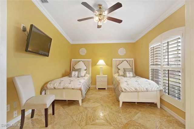 bedroom with ceiling fan and crown molding