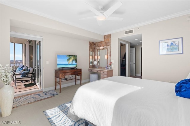 12701 Mastique Beach Blvd Unit 1601, Fort Myers, FL 33908 - bedroom with light colored carpet, a ceiling fan, baseboards, visible vents, and ornamental molding