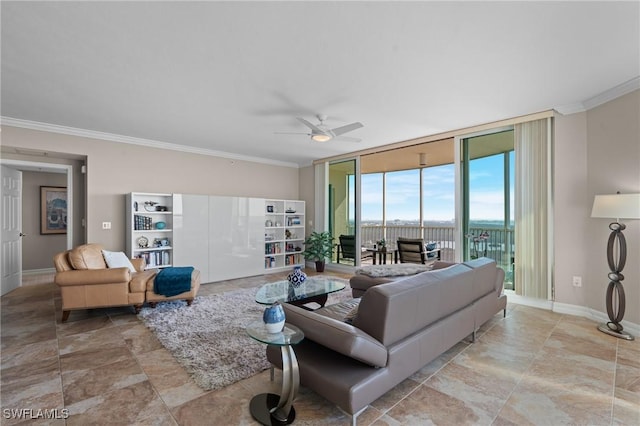 12701 Mastique Beach Blvd Unit 1601, Fort Myers, FL 33908 - living room with a ceiling fan, stone finish flooring, expansive windows, baseboards, and ornamental molding