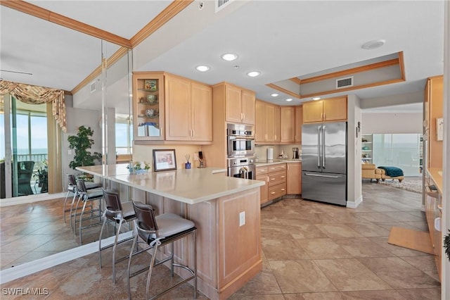 12701 Mastique Beach Blvd Unit 1601, Fort Myers, FL 33908 - kitchen featuring stainless steel appliances, visible vents, ornamental molding, and light brown cabinets