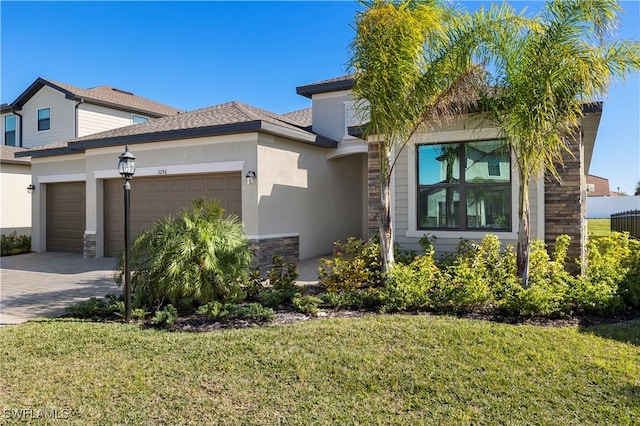 view of front of house featuring a front lawn and a garage