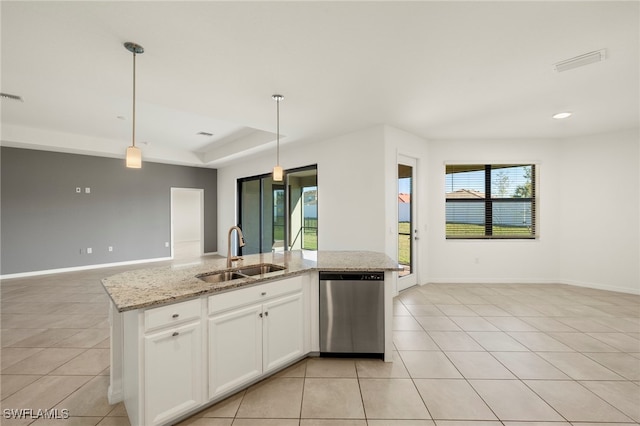 kitchen with sink, white cabinetry, dishwasher, light stone counters, and hanging light fixtures