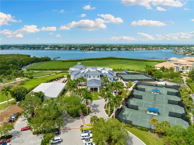 bird's eye view with a water view