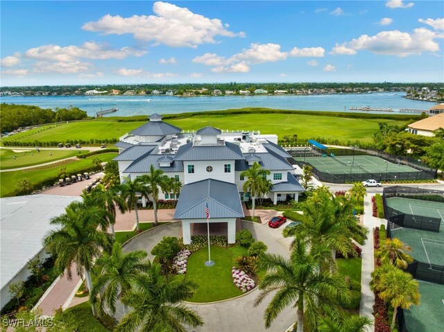 aerial view featuring a water view