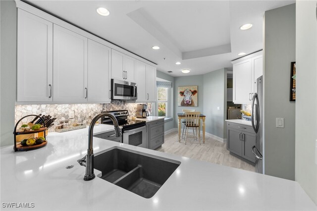 kitchen with sink, a raised ceiling, white cabinetry, and appliances with stainless steel finishes