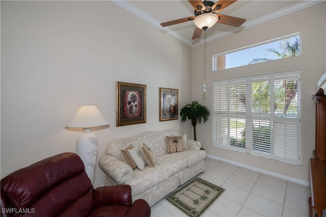 living room with light tile patterned floors, ornamental molding, and ceiling fan