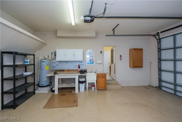 garage featuring a garage door opener and water heater