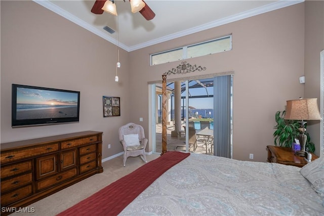 carpeted bedroom featuring ceiling fan, ornamental molding, access to exterior, and high vaulted ceiling