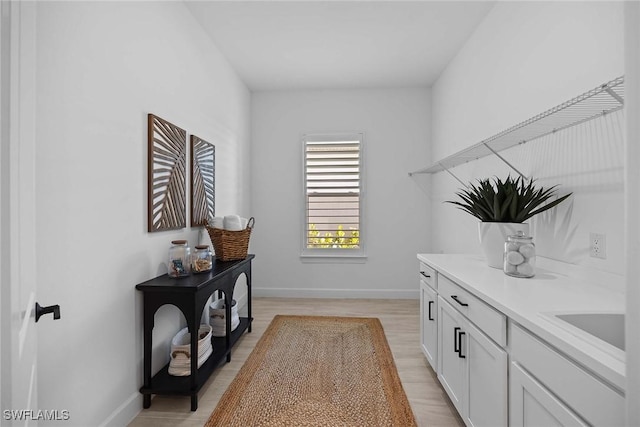 interior space with light hardwood / wood-style floors and sink