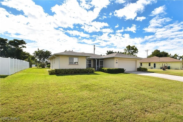 single story home with a front lawn and a garage