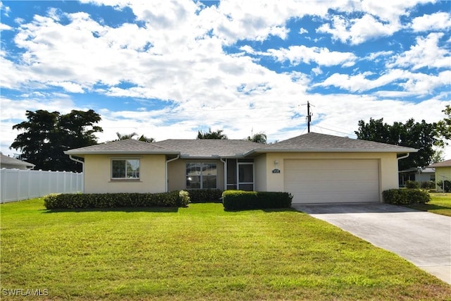 ranch-style house with a front lawn and a garage