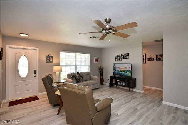 living room featuring ceiling fan and light hardwood / wood-style flooring