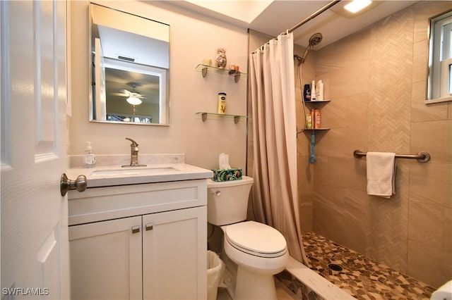 bathroom featuring walk in shower, vanity, and toilet