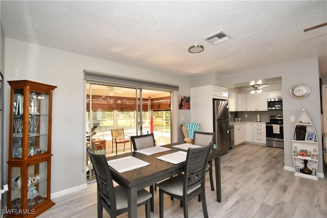 dining area with ceiling fan and light wood-type flooring