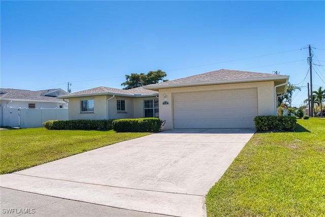 ranch-style home with stucco siding, driveway, an attached garage, and a front yard