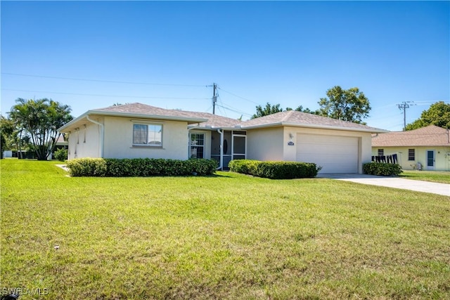 ranch-style home featuring stucco siding, concrete driveway, and a front yard