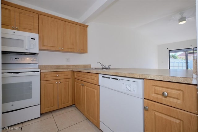 kitchen with white appliances, sink, light tile patterned floors, beam ceiling, and kitchen peninsula