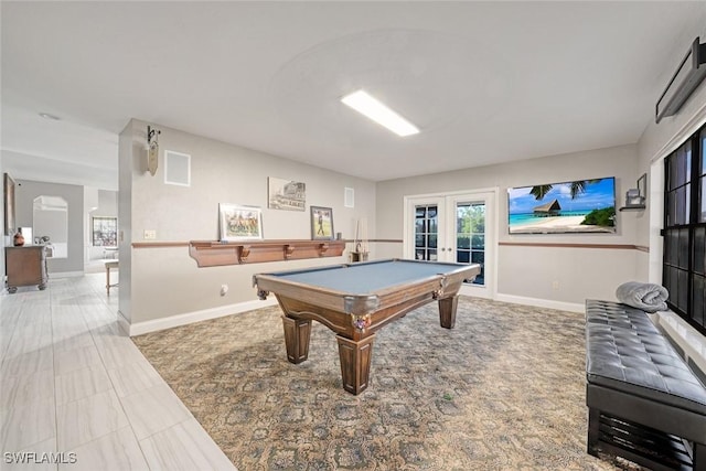 recreation room featuring pool table and french doors