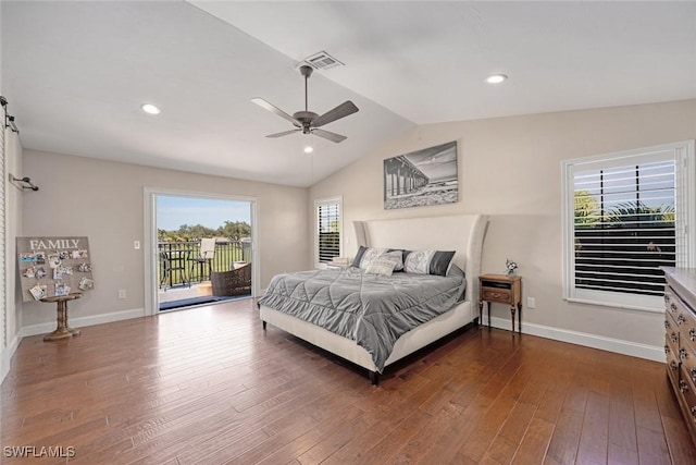 bedroom with access to outside, ceiling fan, and dark hardwood / wood-style flooring