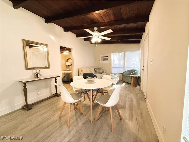 dining room with ceiling fan, beam ceiling, light hardwood / wood-style floors, and wooden ceiling