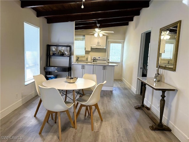 dining room featuring a healthy amount of sunlight, light hardwood / wood-style flooring, wooden ceiling, and beamed ceiling