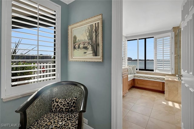 living area featuring a wealth of natural light and light tile patterned floors