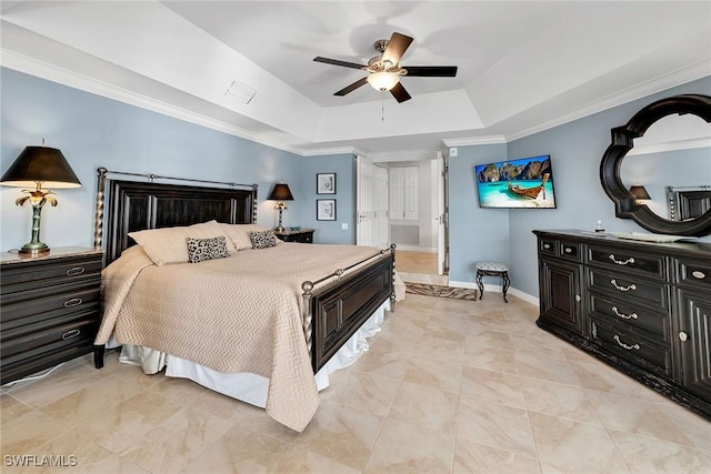 bedroom featuring a raised ceiling, ceiling fan, and crown molding