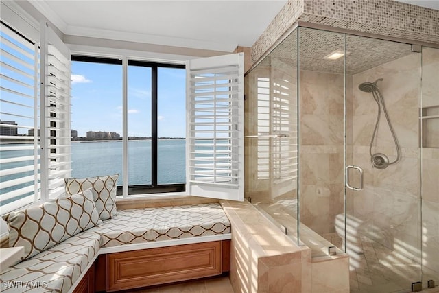 bathroom featuring a healthy amount of sunlight, a water view, and a shower with shower door