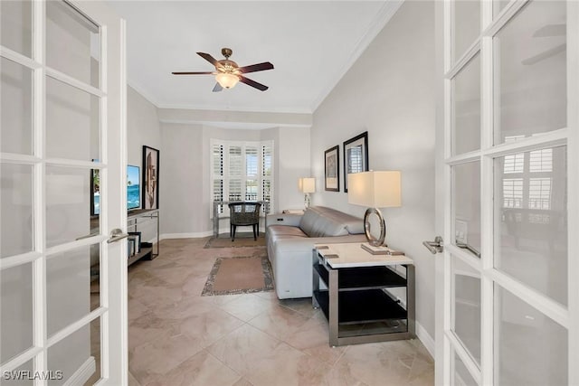 living room with ceiling fan, french doors, and ornamental molding