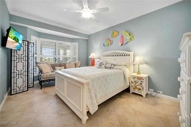 bedroom featuring ceiling fan and ornamental molding