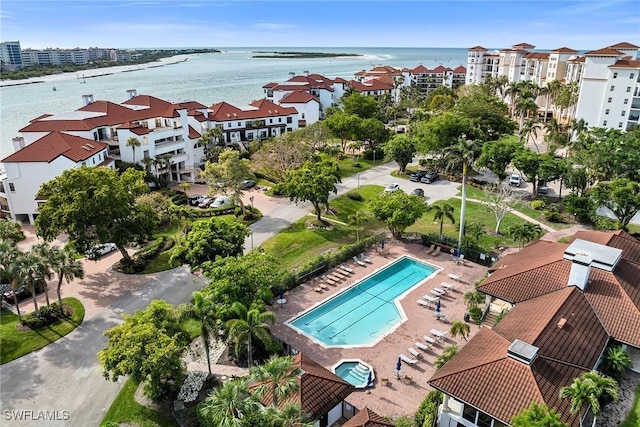 drone / aerial view featuring a water view