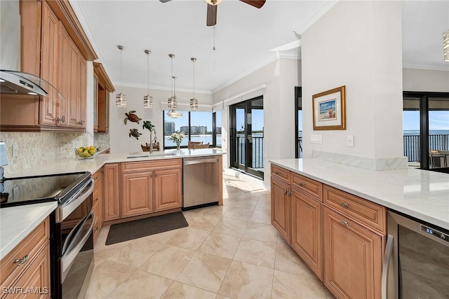 kitchen with kitchen peninsula, appliances with stainless steel finishes, wall chimney exhaust hood, pendant lighting, and wine cooler