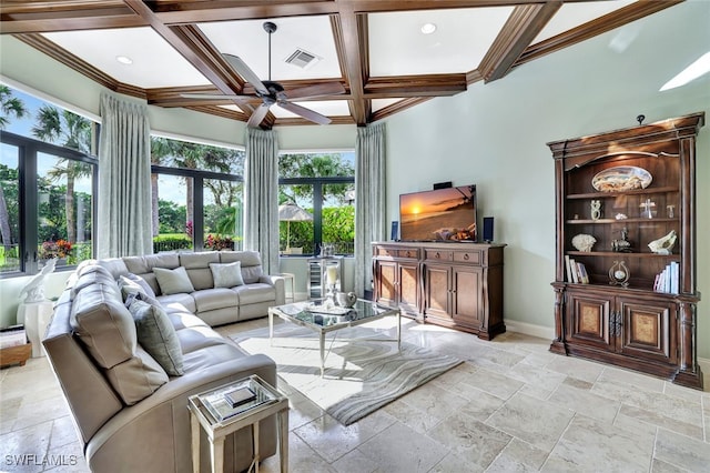 living room featuring ceiling fan, beamed ceiling, and coffered ceiling