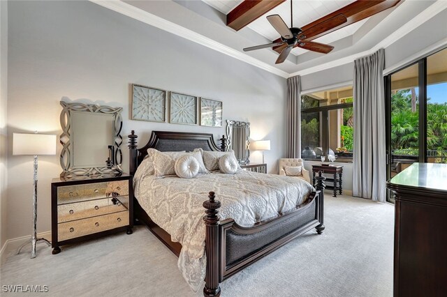 carpeted bedroom with ceiling fan, ornamental molding, and beam ceiling