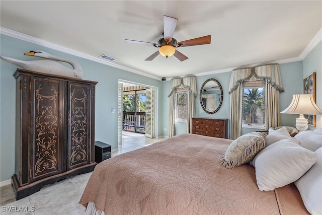 bedroom featuring access to exterior, ceiling fan, light tile patterned floors, and ornamental molding