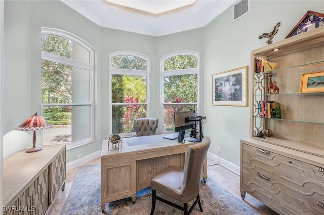 tiled office with ornamental molding