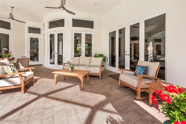 view of patio featuring outdoor lounge area, ceiling fan, and french doors