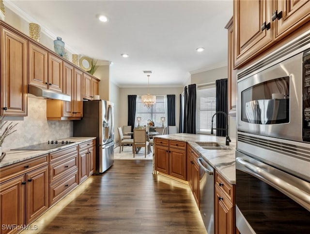 kitchen with appliances with stainless steel finishes, a notable chandelier, decorative light fixtures, ornamental molding, and sink