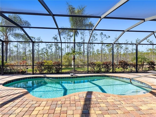 view of swimming pool featuring a lanai and a patio area