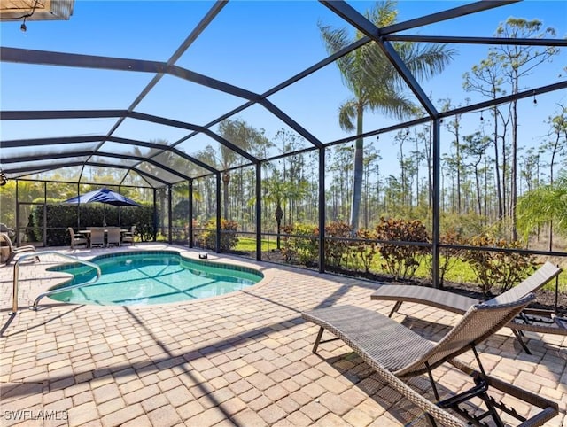 view of swimming pool featuring a lanai and a patio