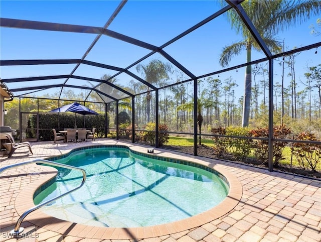 view of pool with a patio area and glass enclosure