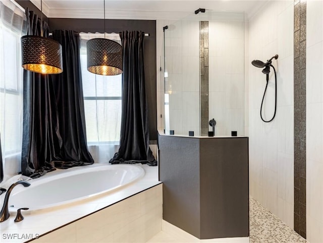 bathroom with a wealth of natural light and independent shower and bath