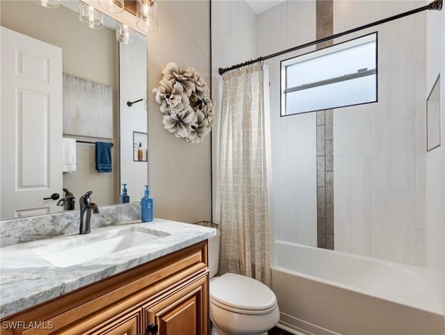 full bathroom with toilet, vanity, and shower / bathtub combination with curtain