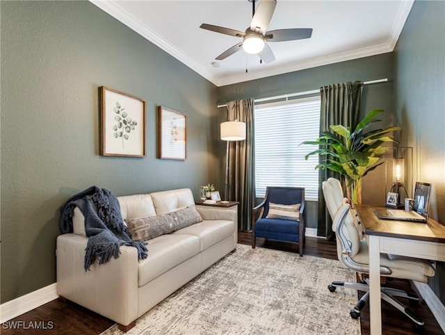 office with ceiling fan, wood-type flooring, and crown molding